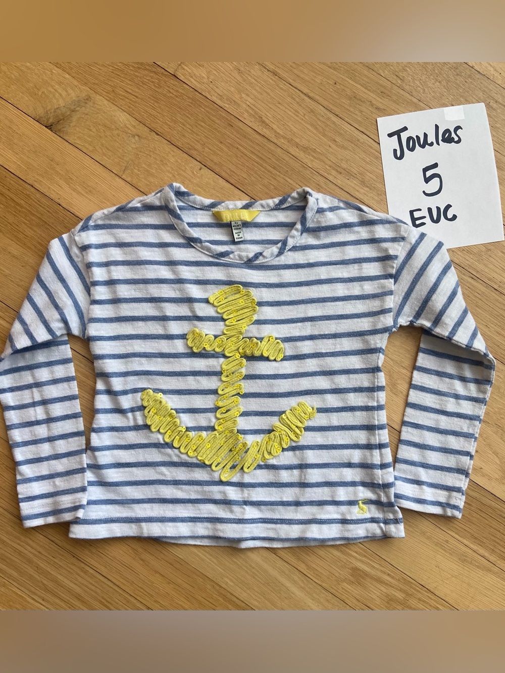 Joules Girls' Blue & White Striped Anchor Long-Sleeve Top - Yellow Accent size5